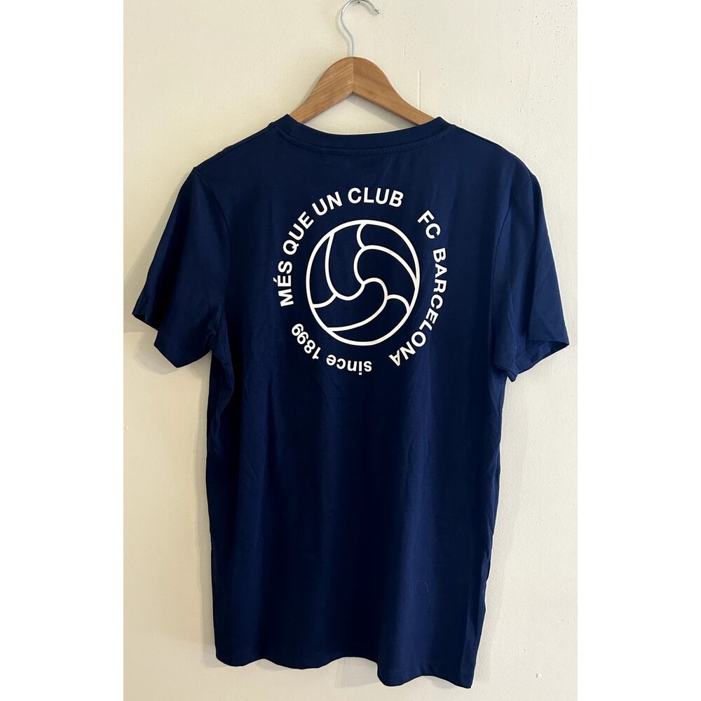 NWT FC Barcelona Barca Navy Blue Soccer Ball Print Tee Men's Small